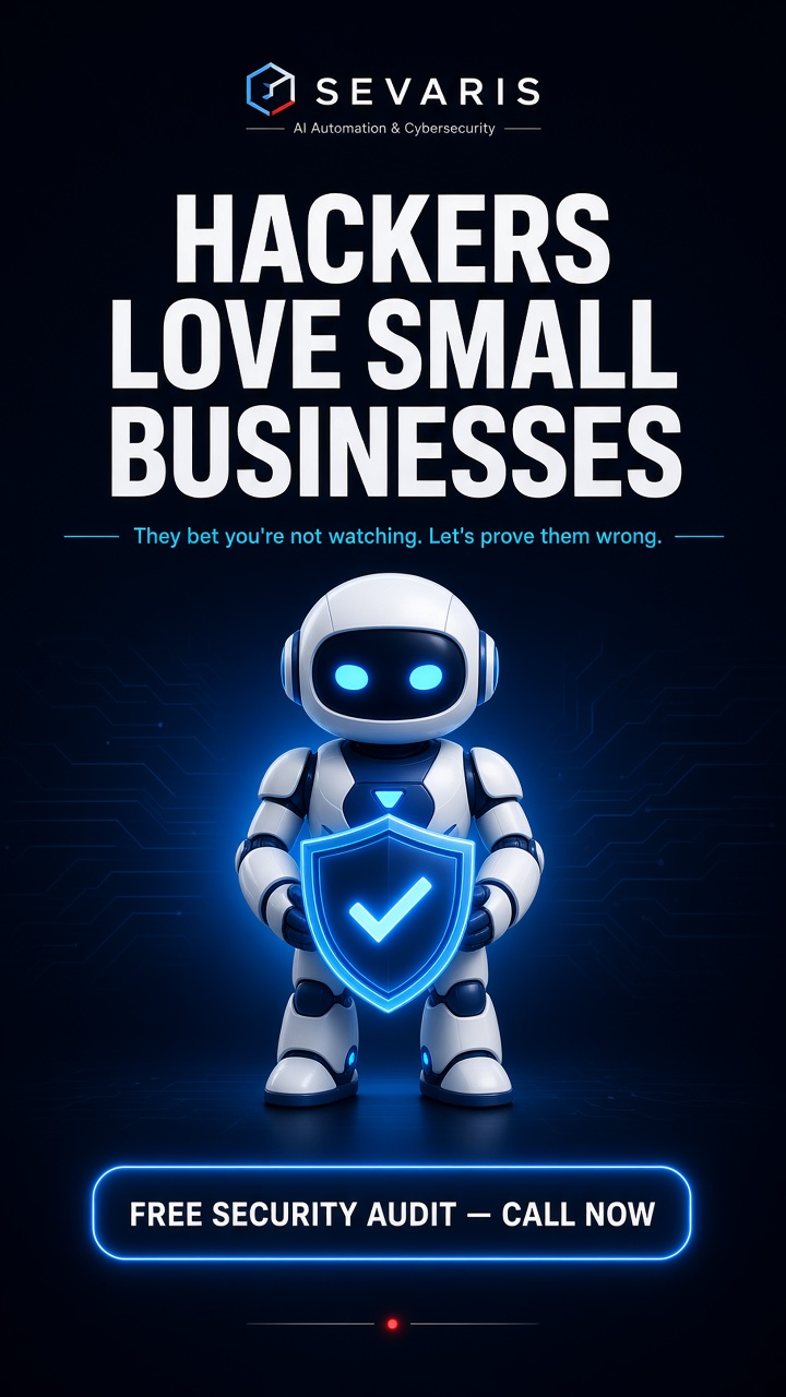 Sevaris cybersecurity creative: the guardian robot — hackers love small businesses