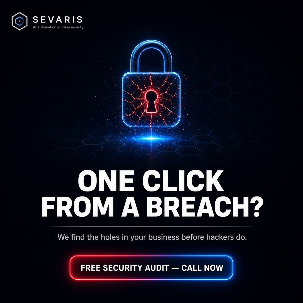 Sevaris cybersecurity feed creative: one click from a breach?